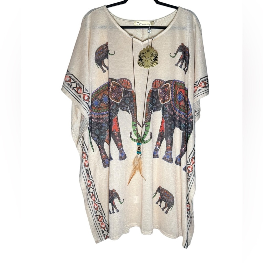 Cyn By Cynthia Mehra Elephants Print Cream Pullover Tunic Cover Up One Size NWT